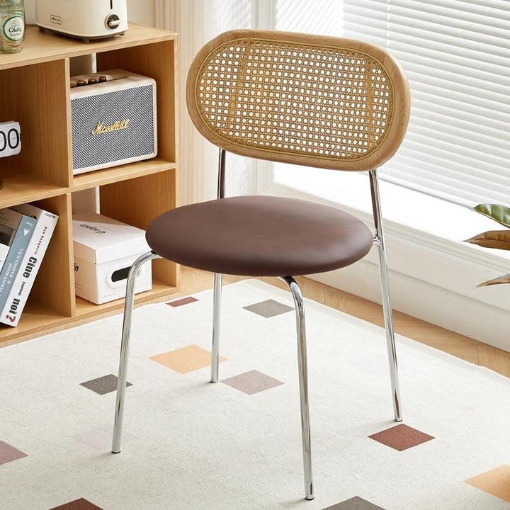 Contemporary Vintage Round Rectangular Rubberwood Plywood Iron Faux Leather PE Rattan Dining Chair Backrest For Dining Room