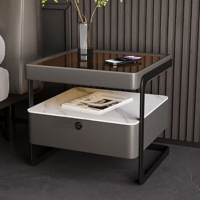 Table de nuit moderne minimaliste rectangulaire en verre renforcé avec dalle de roche et fer, 1 tiroir pour chambre à coucher 
