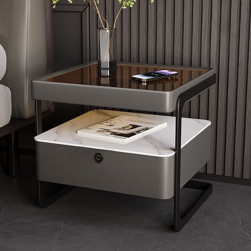 Table de nuit moderne minimaliste rectangulaire en verre renforcé avec dalle de roche et fer, 1 tiroir pour chambre à coucher 