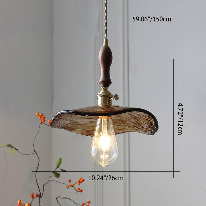 Moderne eklektische Pendelleuchte mit einem Licht aus bernsteinfarbenem Glas und Walnussfarbener Griff für das Wohnzimmer 