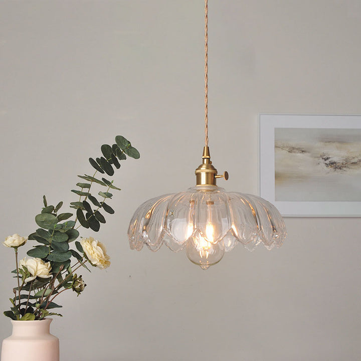 Moderne Art Deco Sonnenblume Lotusblatt Glasschirm Messing 1-flammige Pendelleuchte für Wohnzimmer 
