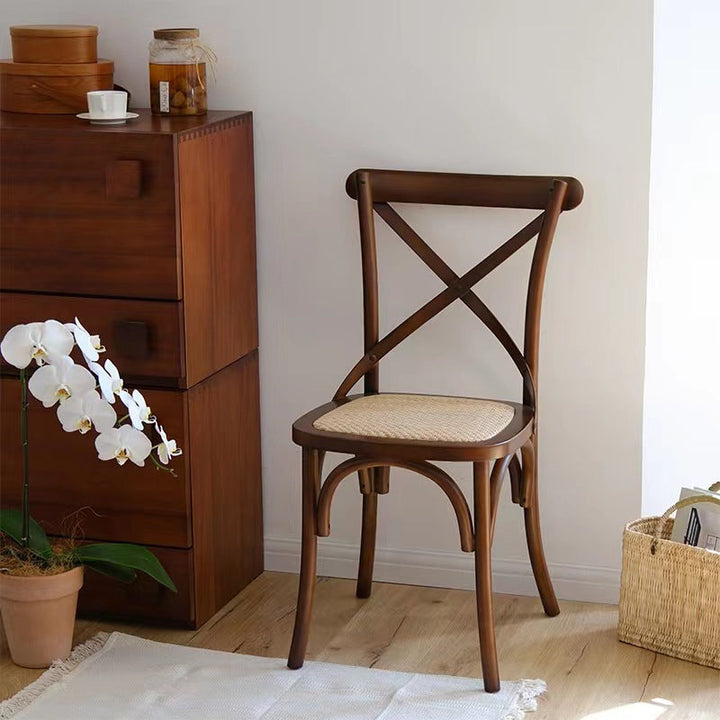 Traditioneller rustikaler Weben Rattan Holz Schwamm runder rechteckiger Esszimmerstuhl Rückenlehne für Esszimmer 