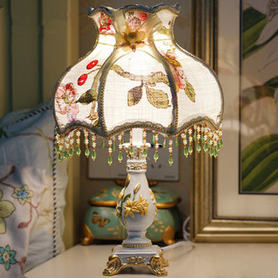 Traditional European Flower Pleated Fabric Resin Base 1-Light Table Lamp For Living Room