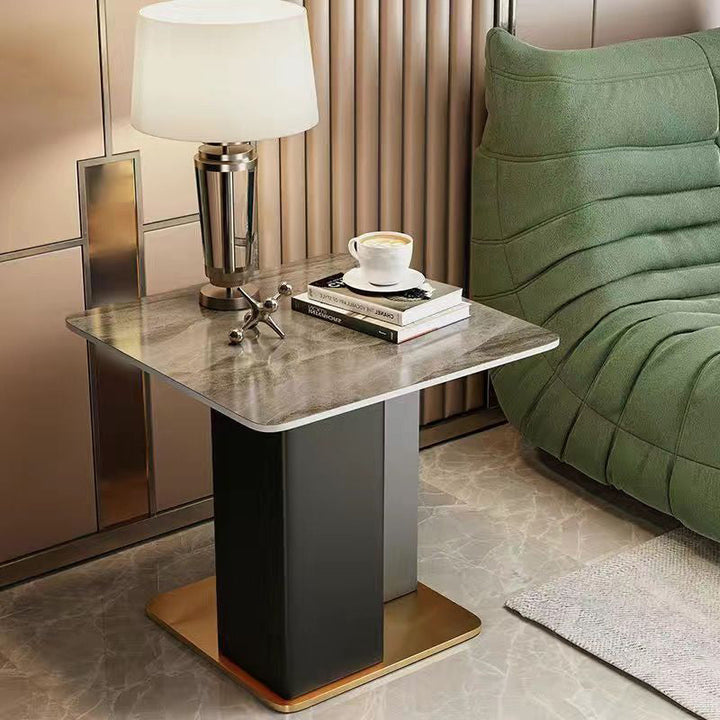 Contemporary Scandinavian Square Column Slate Microfiber Leather Wood Carbon Steel End Table For Living Room