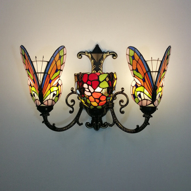 Traditional Tiffany European Butterfly Alloy Iron Glass 3-Light Wall Sconce Lamp For Hallway