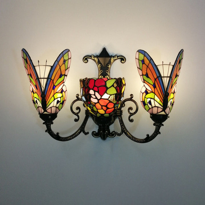 Traditional Tiffany European Butterfly Alloy Iron Glass 3-Light Wall Sconce Lamp For Hallway