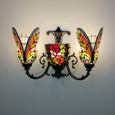 Traditional Tiffany European Butterfly Stained Glass 3-Light Wall Sconce Lamp For Hallway