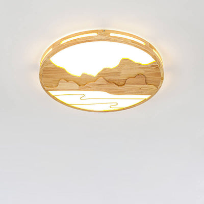 Modern Chinese Wooden Round Mountain Design LED Flush Mount Ceiling Light