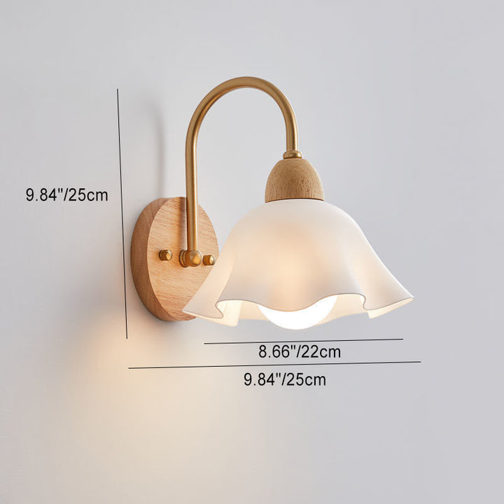 Applique murale 1 lumière en forme de dôme hémisphérique avec fleur plissée en bois, verre et papier japonais traditionnel pour chevet 