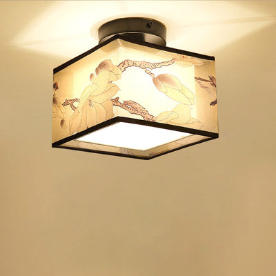 Traditional Chinese Square Iron Fabric 1-Light Semi-Flush Mount Ceiling Light For Hallway