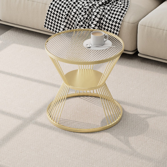 Mesa de café moderna minimalista redonda en forma de reloj de arena de vidrio y hierro de 2 niveles para sala de estar 