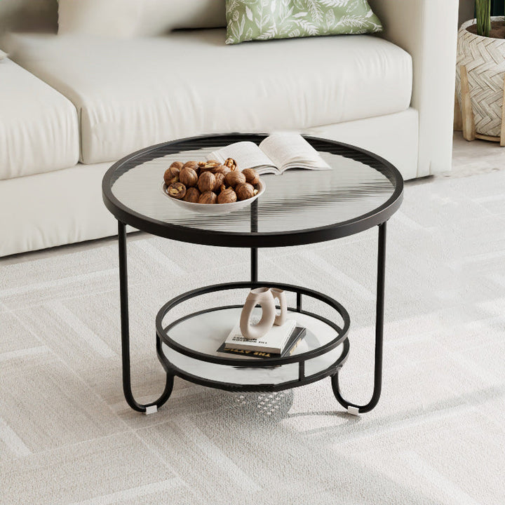 Table basse ronde en verre strié à la simplicité moderne, à deux niveaux, pour le salon 