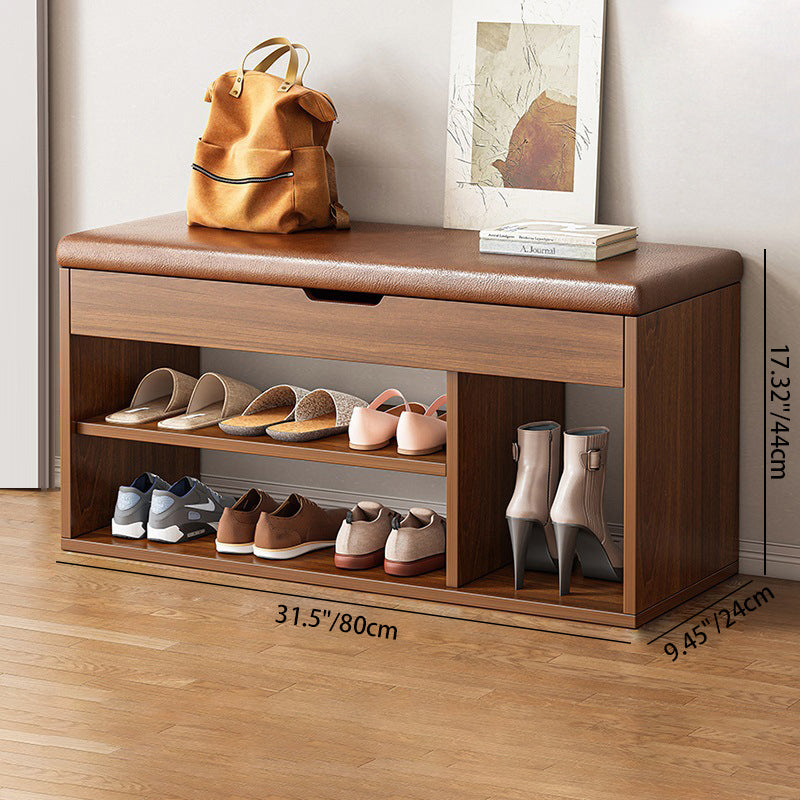 Rangement à chaussures moderne minimaliste rectangulaire en tissu, cuir PU et bois à 3 niveaux pour entrées 