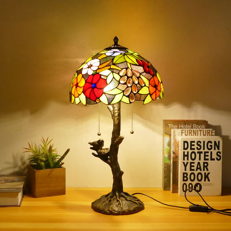 Traditional Tiffany Dragonfly Flower Stained Glass Bird Base 2-Light Table Lamp For Bedroom