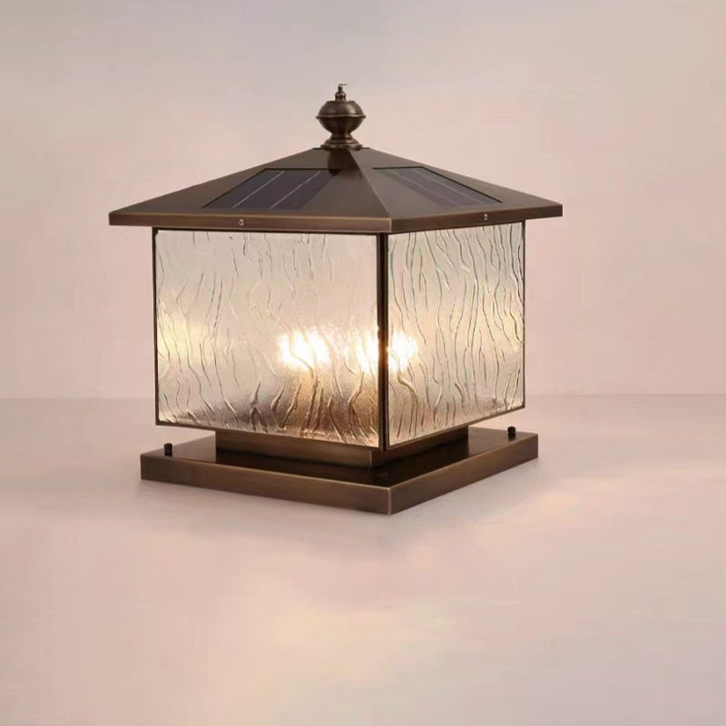 Luz de Poste de Cabeza de Vidrio Texturizado Cuadrado Solar Tradicional Europeo 1/2 para Patio Exterior 
