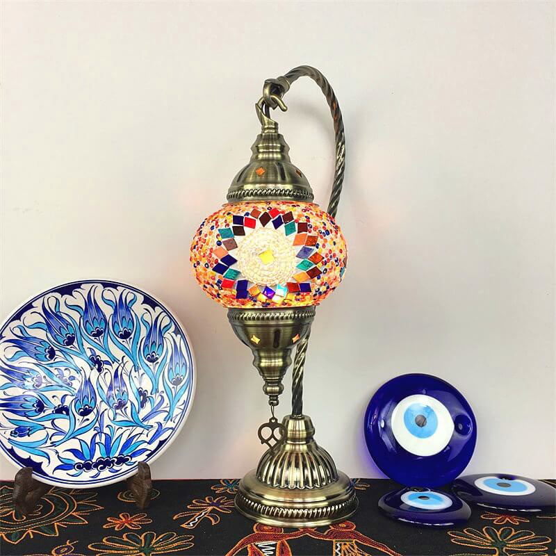 Traditional Vintage Handmade Stained Glass Metal Jar Swan 1-Light Table Lamp for Living Room