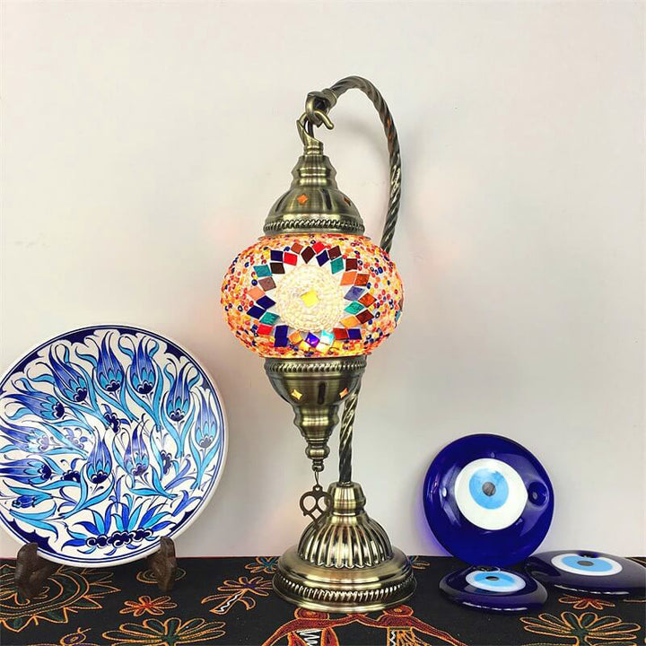 Traditional Vintage Handmade Stained Glass Metal Jar Swan 1-Light Table Lamp for Living Room