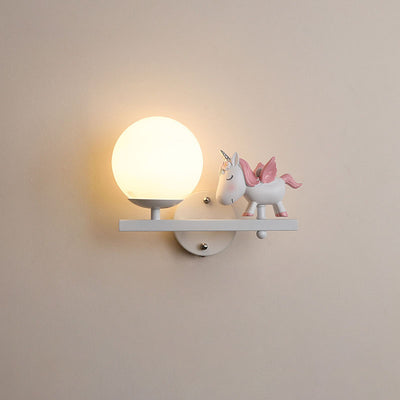 Contemporary Creative Kids Girls Unicorn Orb Resin Iron Glass 1-Light Wall Sconce Lamp For Bedroom