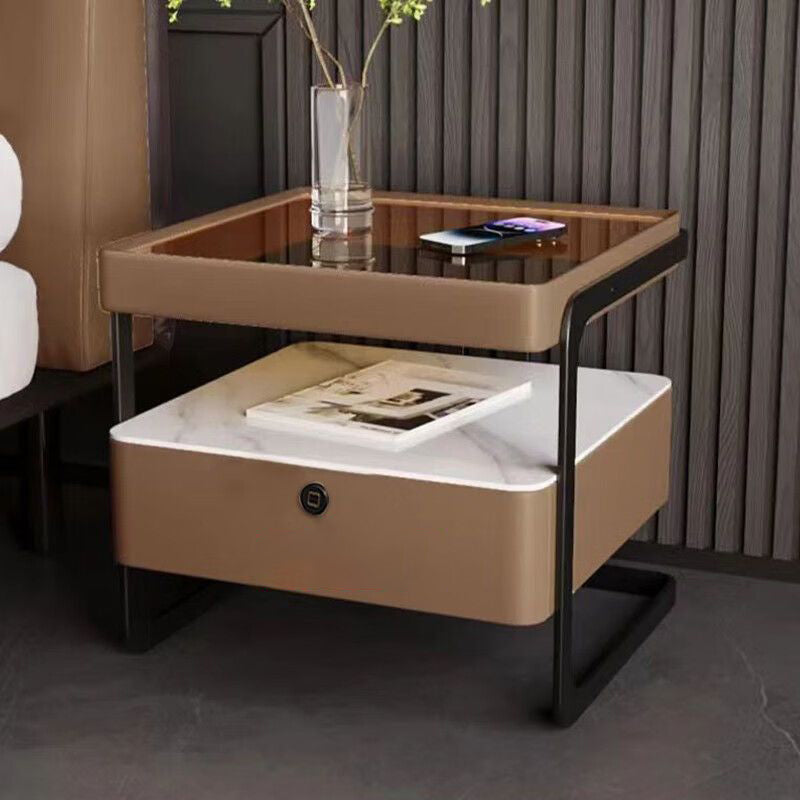 Table de nuit moderne minimaliste rectangulaire en verre renforcé avec dalle de roche et fer, 1 tiroir pour chambre à coucher 