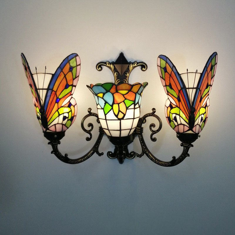 Traditional Tiffany European Butterfly Alloy Iron Glass 3-Light Wall Sconce Lamp For Hallway
