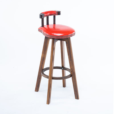 Tabouret de bar pivotant contemporain rond en cuir avec pieds en bois, dossier bas et repose-pieds pour salle à manger 