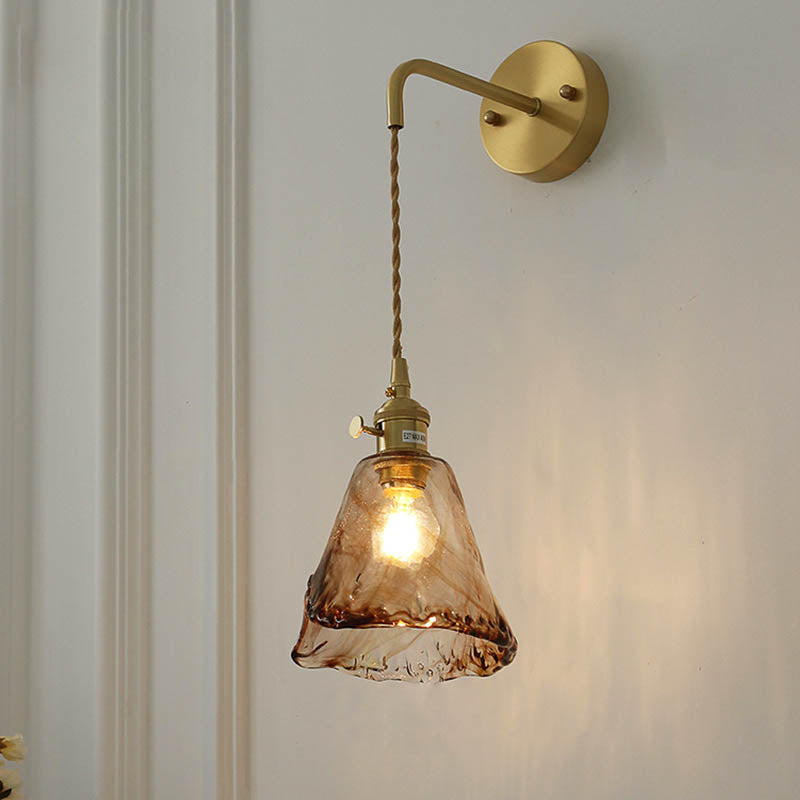 Modern Eclectic Amber Brass Glass Geometric Jar 1-Light Wall Sconce Lamp For Living Room