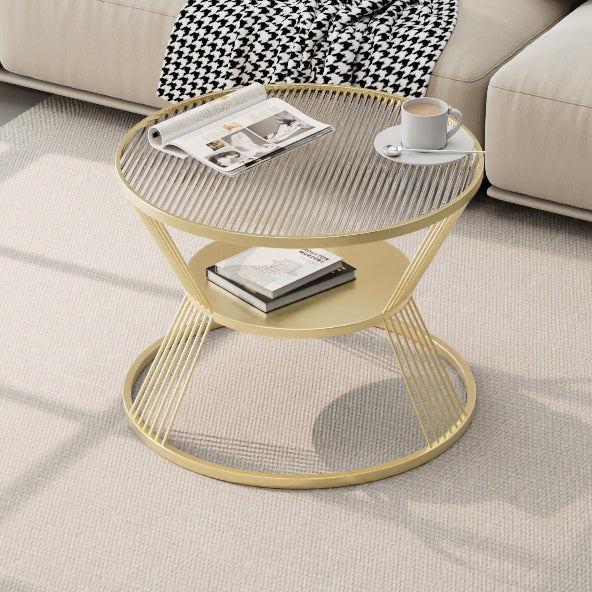 Mesa de café moderna minimalista redonda en forma de reloj de arena de vidrio y hierro de 2 niveles para sala de estar 