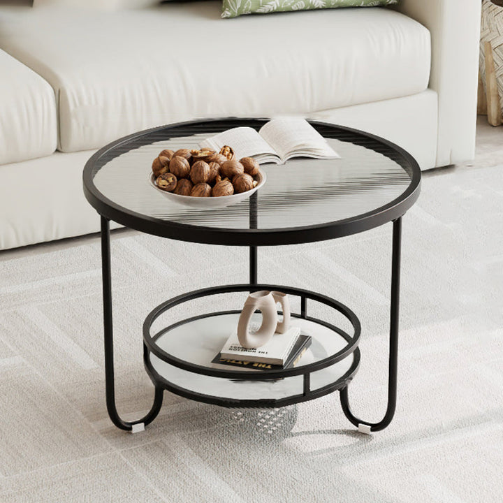 Table basse ronde en verre strié à la simplicité moderne, à deux niveaux, pour le salon 