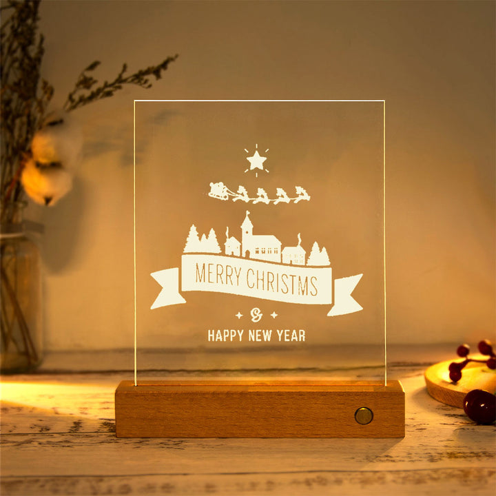 Moderne Weihnachtsrechteckige Acrylplatte Massivholz USB LED Tischlampe 