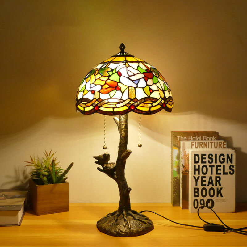 Traditional Tiffany Dragonfly Flower Stained Glass Bird Base 2-Light Table Lamp For Bedroom