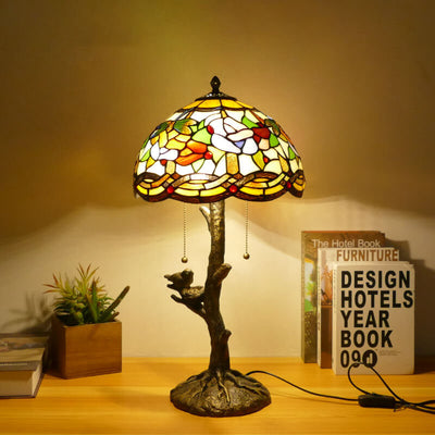 Tiffany Dragonfly Flower Stained Glass Bird Base 2-Light Table Lamp