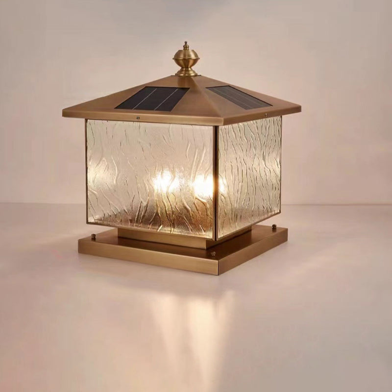 Luz de Poste de Cabeza de Vidrio Texturizado Cuadrado Solar Tradicional Europeo 1/2 para Patio Exterior 