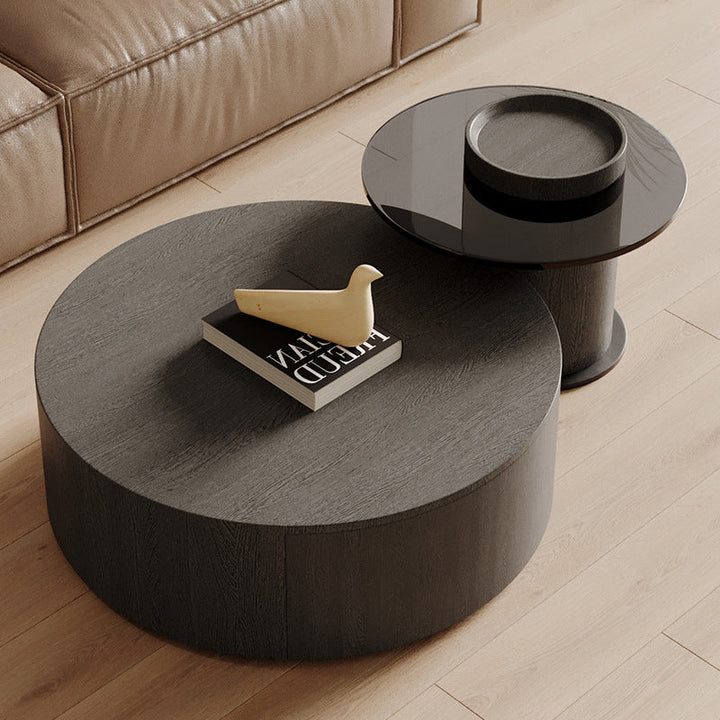 Modern Minimalist Round Plywood Metal Glass Coffee Table Set 2-Drawer For Living Room