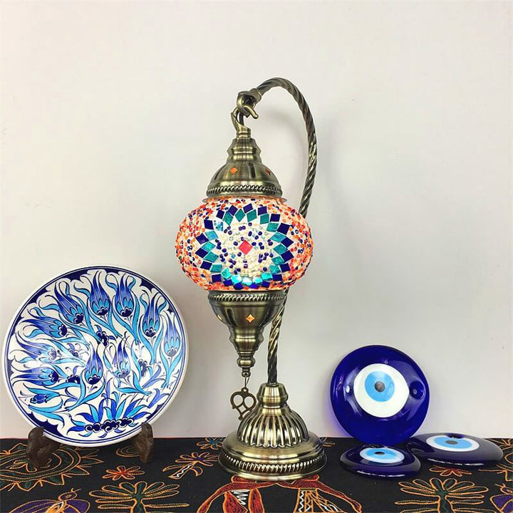 Traditional Vintage Handmade Stained Glass Metal Jar Swan 1-Light Table Lamp for Living Room