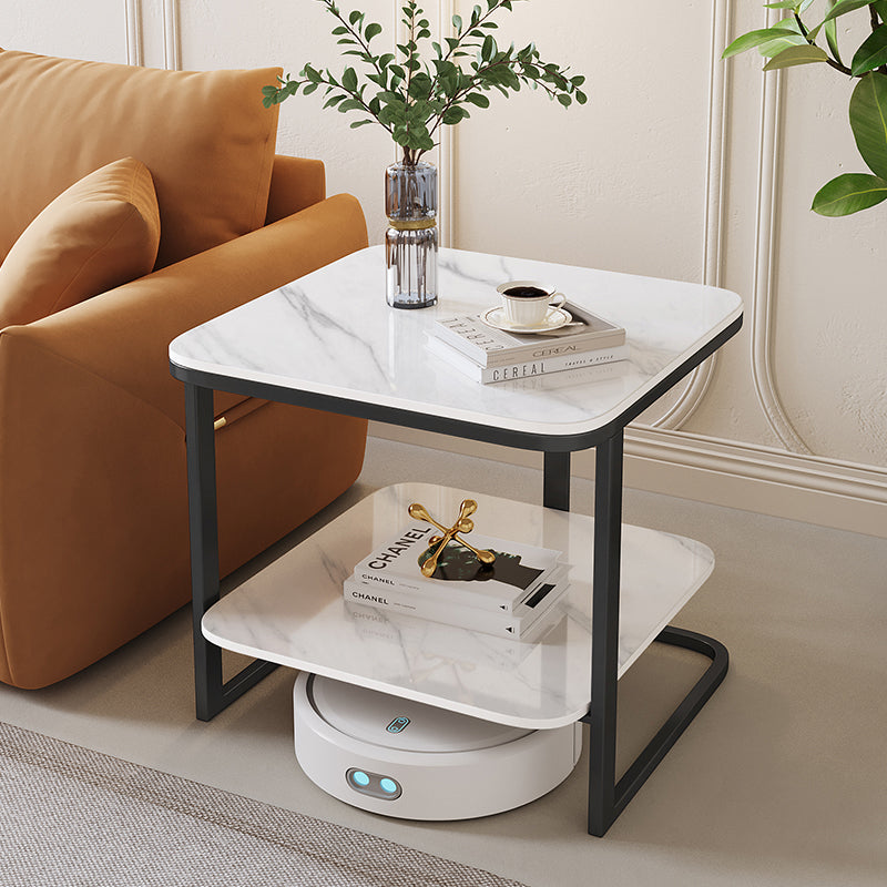 Modern Minimalist Square Sintered Stone Carbon Steel Side Table 2-Tier For Living Room