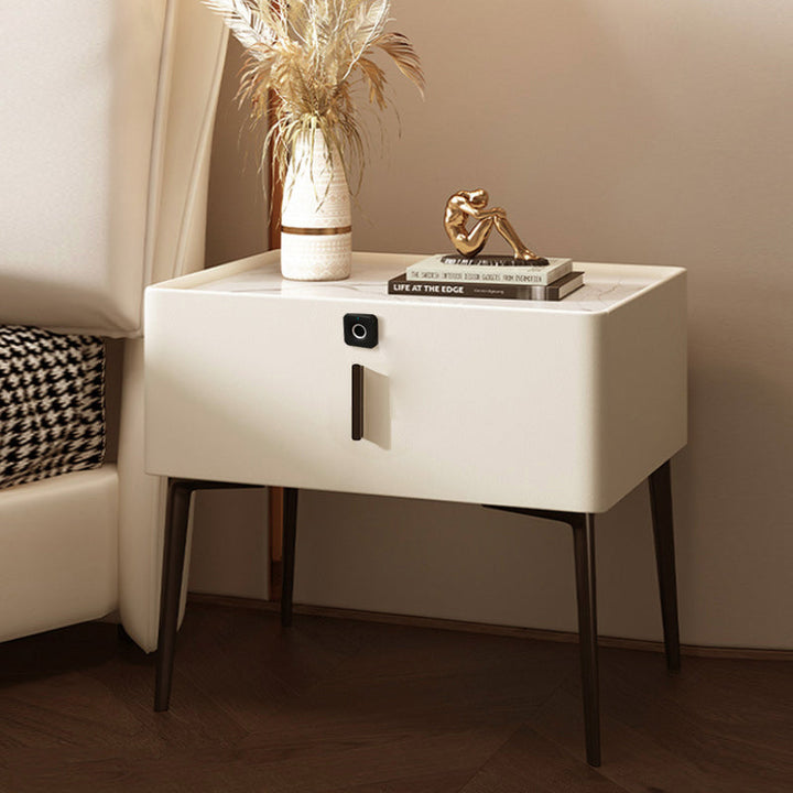 Contemporary Scandinavian Rectangular Rock Slab MDF Cat Scratch‑Resistant Leather Carbon Steel Nightstand 1-Drawer Mobile Phone Wireless Charging For Bedside