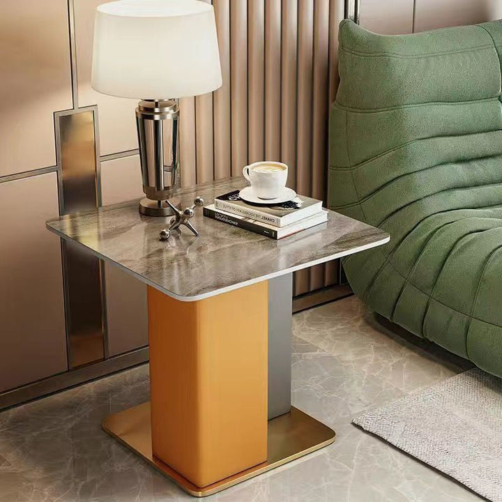 Contemporary Scandinavian Square Column Slate Microfiber Leather Wood Carbon Steel End Table For Living Room