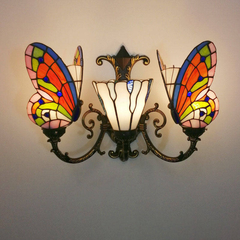 Traditional Tiffany European Butterfly Alloy Iron Glass 3-Light Wall Sconce Lamp For Hallway