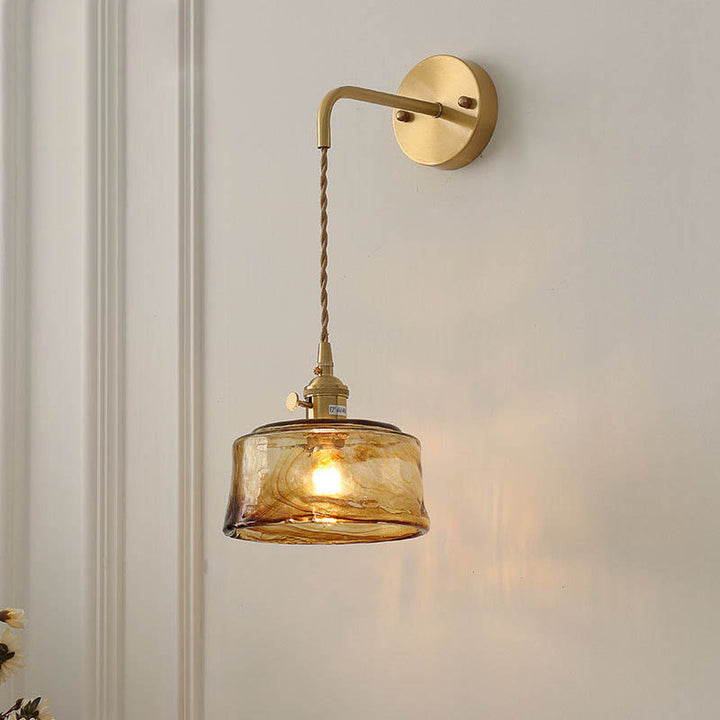 Modern Eclectic Amber Brass Glass Geometric Jar 1-Light Wall Sconce Lamp For Living Room