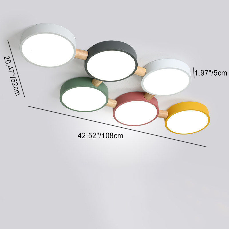 Plafonnier LED moderne scandinave macaron fer géométrique rond abat-jour en bois pour chambre à coucher 