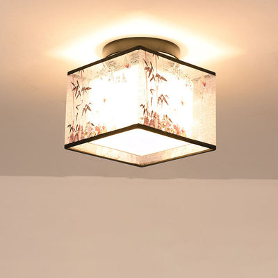 Traditional Chinese Square Iron Fabric 1-Light Semi-Flush Mount Ceiling Light For Hallway