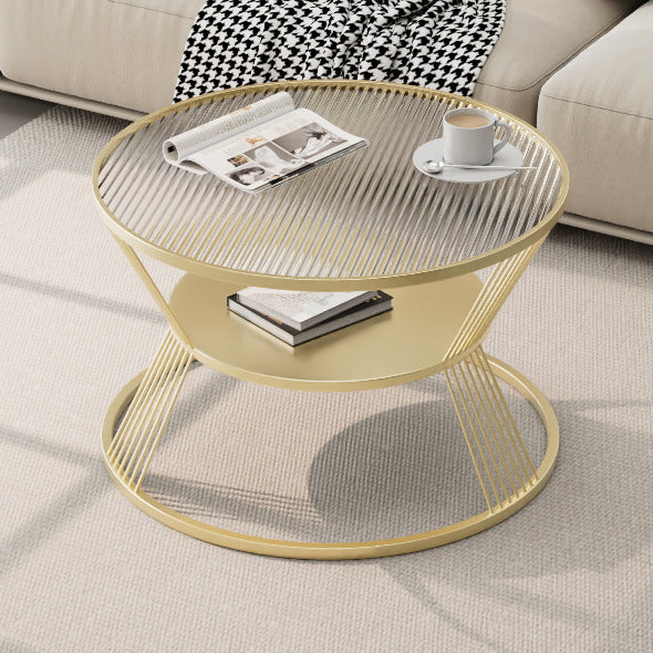 Mesa de café moderna minimalista redonda en forma de reloj de arena de vidrio y hierro de 2 niveles para sala de estar 