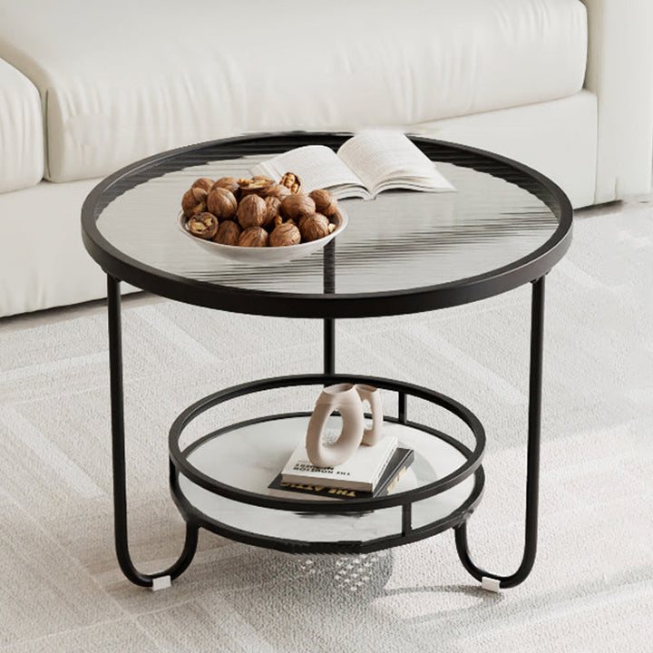 Table basse ronde en verre strié à la simplicité moderne, à deux niveaux, pour le salon 