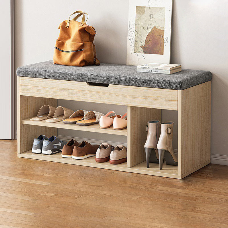Rangement à chaussures moderne minimaliste rectangulaire en tissu, cuir PU et bois à 3 niveaux pour entrées 