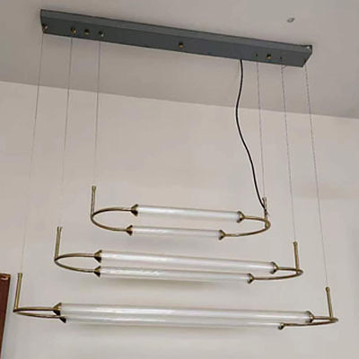 Zeitgenössische industrielle Streifen elliptische Eisen Glas LED Pendelleuchte für Esszimmer 