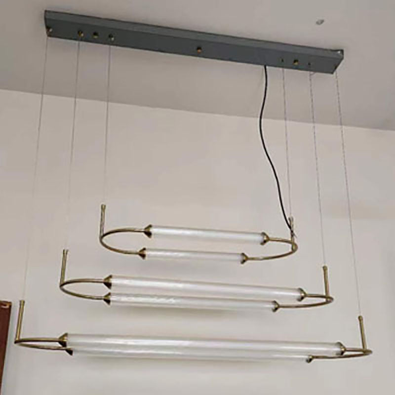 Zeitgenössische industrielle Streifen elliptische Eisen Glas LED Pendelleuchte für Esszimmer 