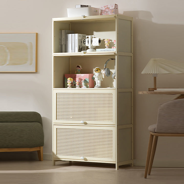 Armoire de rangement rectangulaire blanche en MDF bambou au design moderne et épuré, avec porte rabattable en rotin, 2 à 5 niveaux, pour salon et bureau 