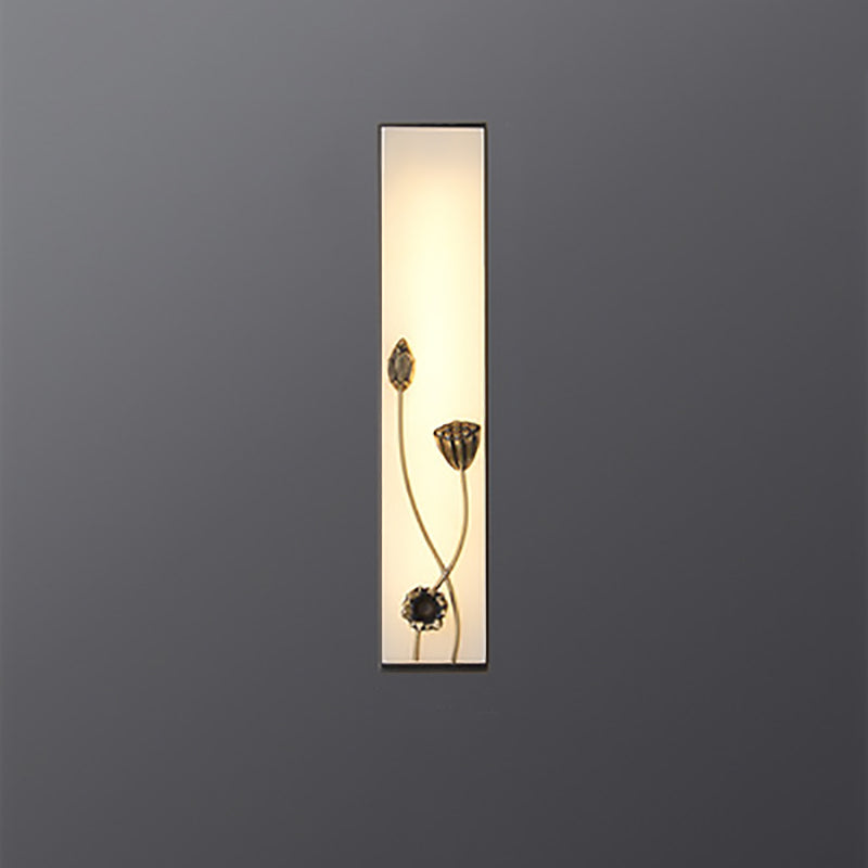 Traditional Chinese Copper Marble Cubic Bamboo Leaf Lotus Flower Ginkgo Biloba LED Wall Sconce Lamp For Bedside