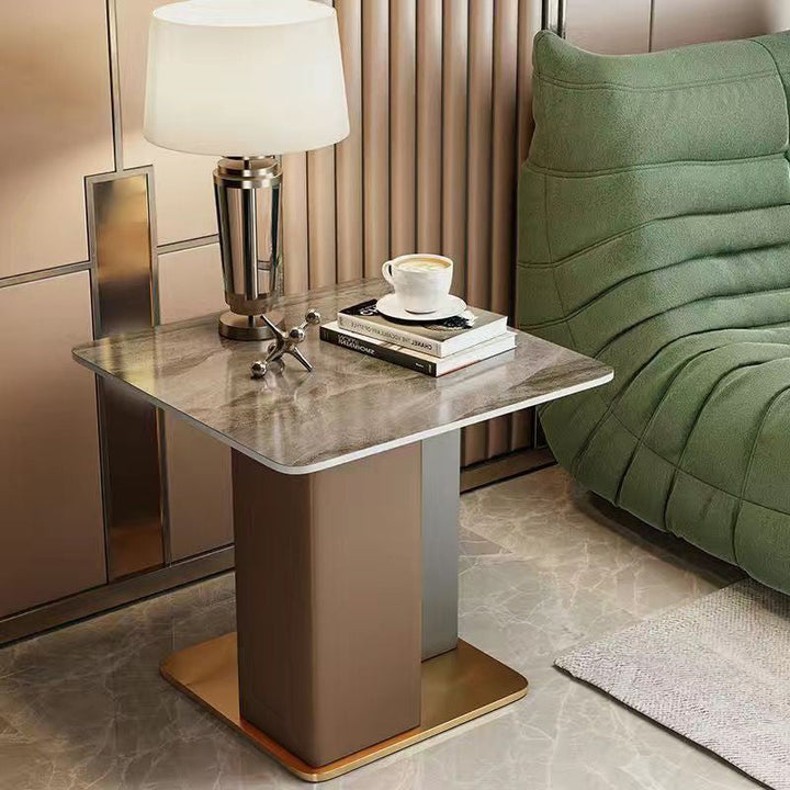 Contemporary Scandinavian Square Column Slate Microfiber Leather Wood Carbon Steel End Table For Living Room
