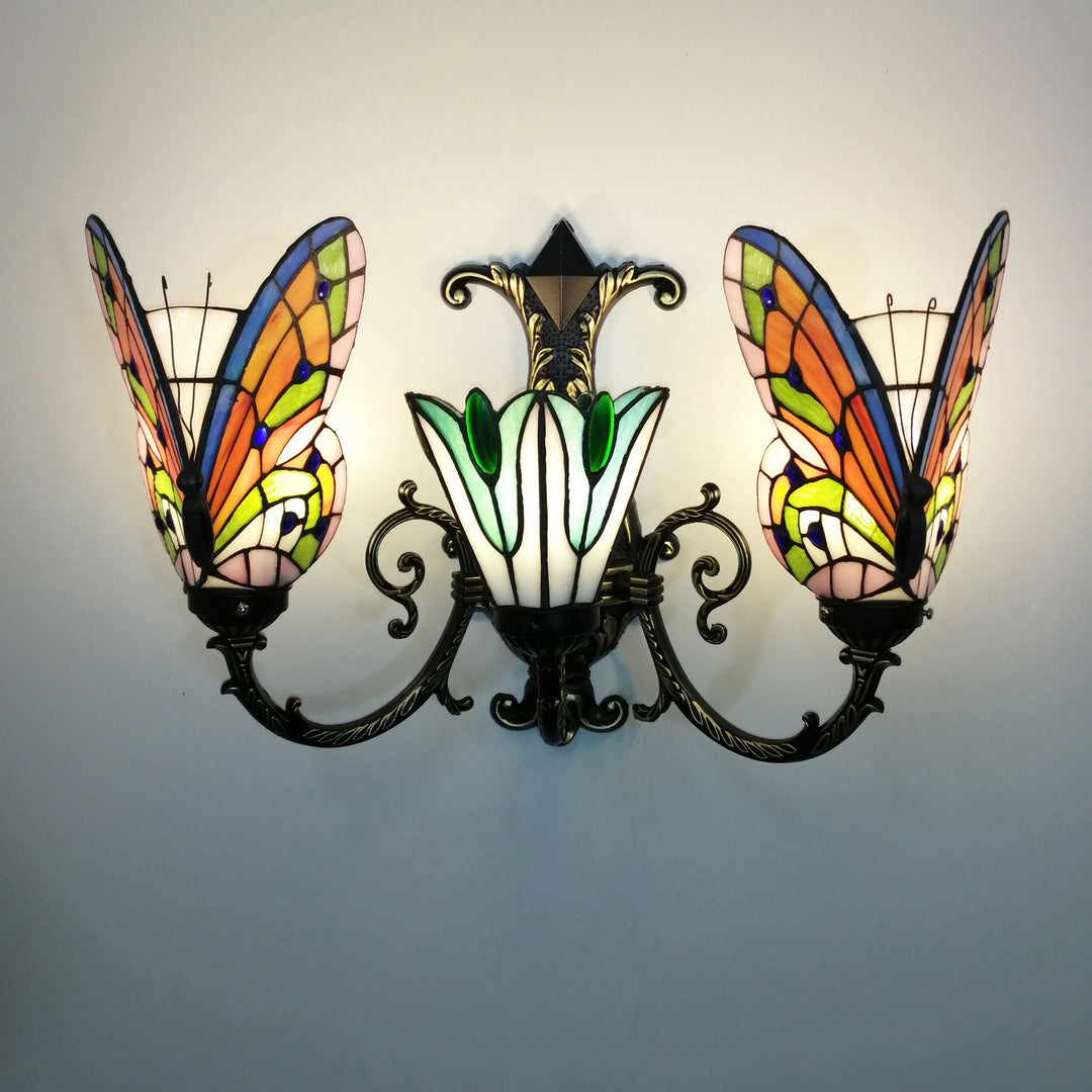Traditional Tiffany European Butterfly Alloy Iron Glass 3-Light Wall Sconce Lamp For Hallway